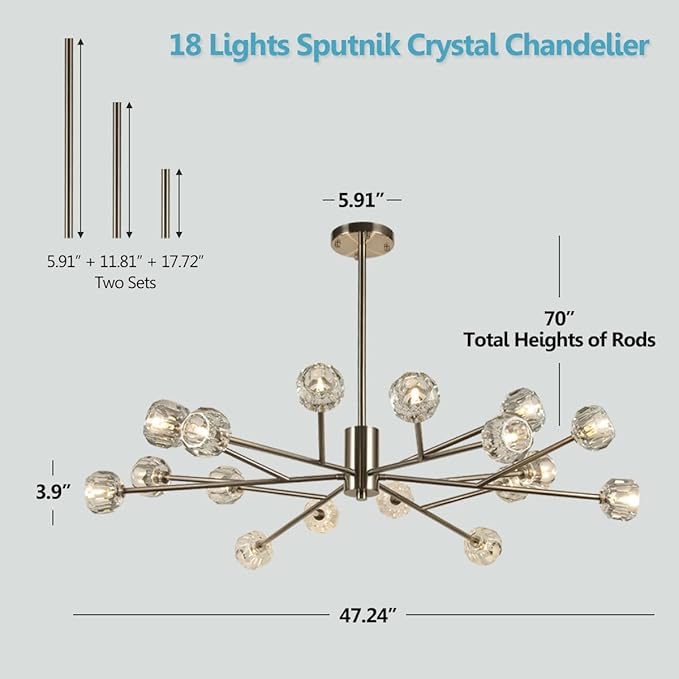 Sputnik Chandeliers 47.2", Large Sputnik Ceiling Chandelier for Living Room, Brushed Nickel 18 Lights Chandelier Light Fixture for Dining Room
