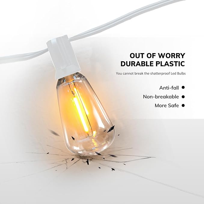 Achin Outdoor String Lights White 100Ft LED Patio Lights Outdoor Waterproof with 50+2 Shatterproof ST38 Bulbs 2200K Dimmable String Lights for Outside Backyard Party Wedding, White Cord