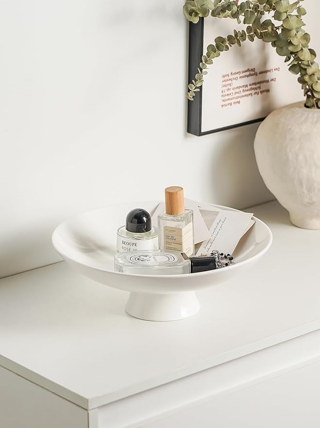 Kanwone Large Fruit Bowl for Kitchen Counter - Decorative Bowls for Home Décor - Ceramic Fruit Bowl, Pedestal Bowl - Modern Key Bowl for Entryway Table - 11.5 Inches, White