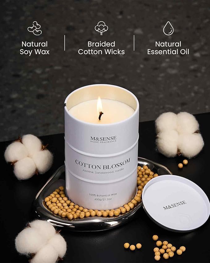 M&SENSE Cotton Blossom Scented Candles Large, Natural Soy Candles 21.2oz 120 Hour Slow Burning,Aromatherapy Candle for Stress Relief Meditation Relaxing