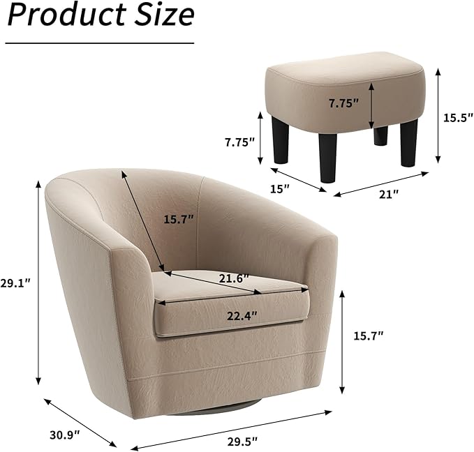 INZOY Swivel Accent Chair with Ottoman for Small Space, 360 Degree Club Chair with Ottoman Set, Comfy Fabric Barrel Reading Chairs for Living Room Bedroom, Beige
