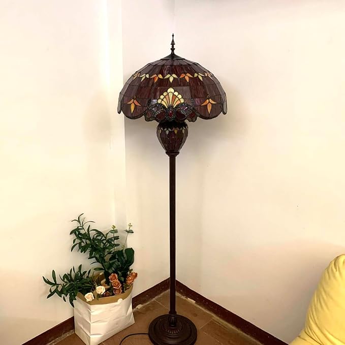 Bieye L10887 Baroque Tiffany Style Stained Glass Double Lit Floor Lamp for Home Decor 64-inch Tall (20-inch Wide, Red)
