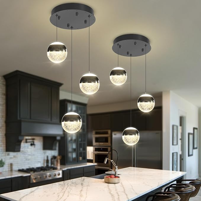 Modern Crystal Pendant Lighting Black Globe Pendant Light Fixture, Mid Century Chandelier 3-Light Hanging Fixture for Kitchen Island,Globe Chandeliers for Dinning Room Bedroom