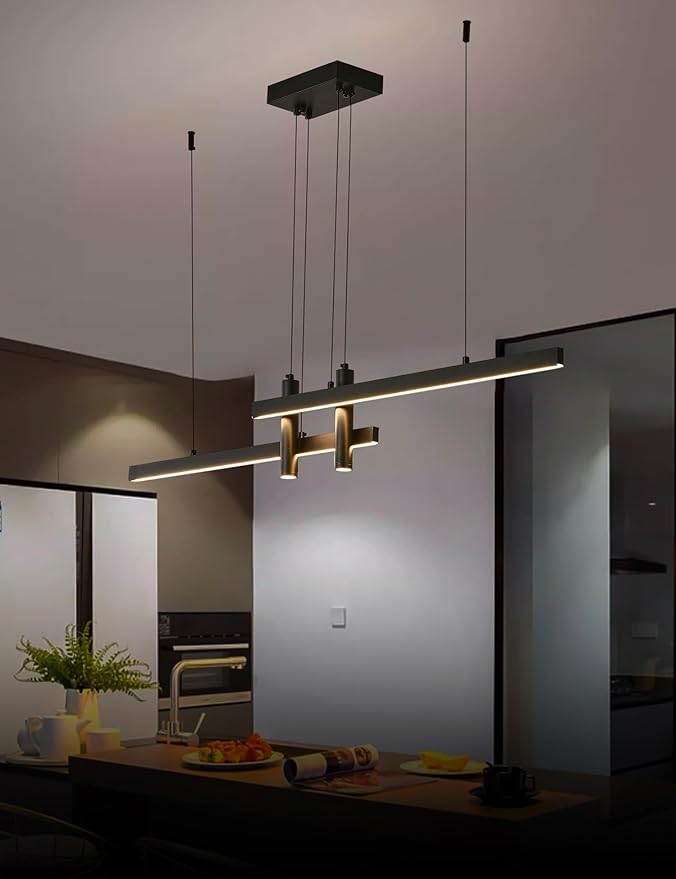 Modern Black Linear Pendant Lights Kitchen Island Lighting Minimalist Led Chandeliers Pool Table Light Dimmable Ceiling Hanging Light Fixture Dining Room with Remote Control (47in)