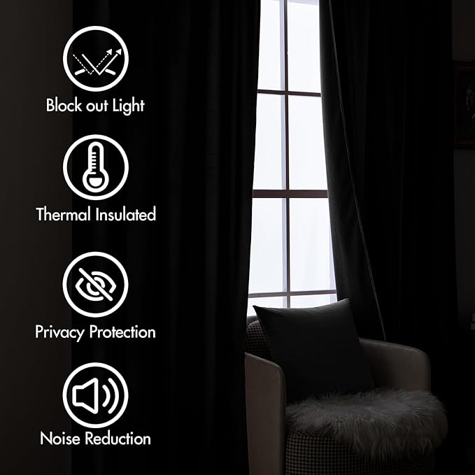 MIULEE Black Velvet Curtains 96 inches Long 2 Panels - Luxury Pinch Pleated Room Darkening Window Drapes for Bedroom Living Room Thermal Insulated Super Soft Blackout, Back Tab Rod Pocket