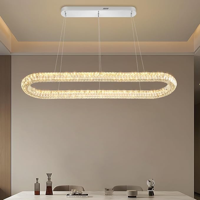 Oval Crystal Ring Chandelier for Living Room, 47.2'' Chrome Ring Pendant Light for Kitchen Island Modern Linear Oval Chandeliers for Dining Room Dimmable 3000K-6000K