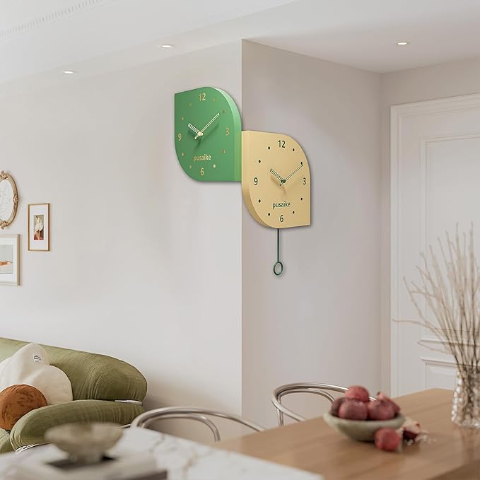 Wall Clock 11.8 Inch Double Sided - Modern Battery Operated Wall Clock with Pendulum, Unique Angle Corner Mounted Small Clock for Bedroom Living Room Office, Green Decorative Clock
