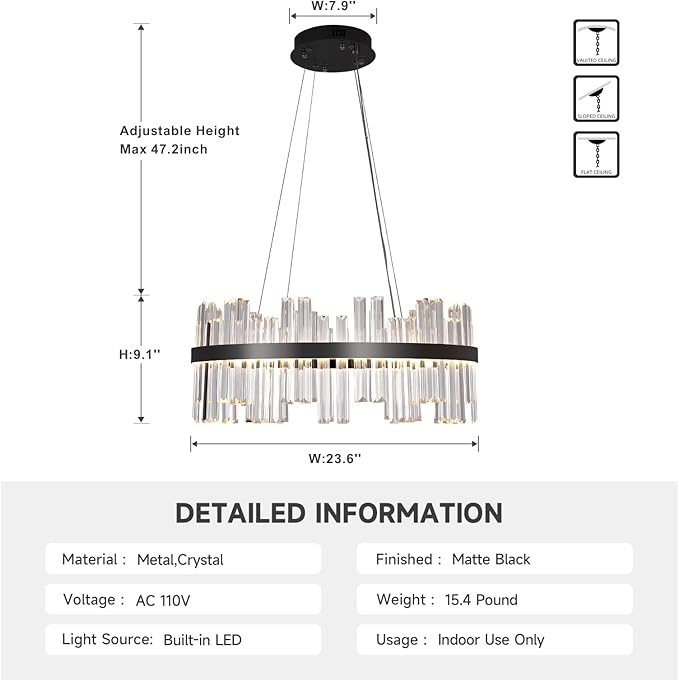 Black Led Modern Crystal Chandelier: 23.6" Round K9 Luxury Clear Crystals 3 Color Dimmable Contemporary Chandeliers for Dining Room Lights over Table - Adjustable Height Living Room Light with Remote