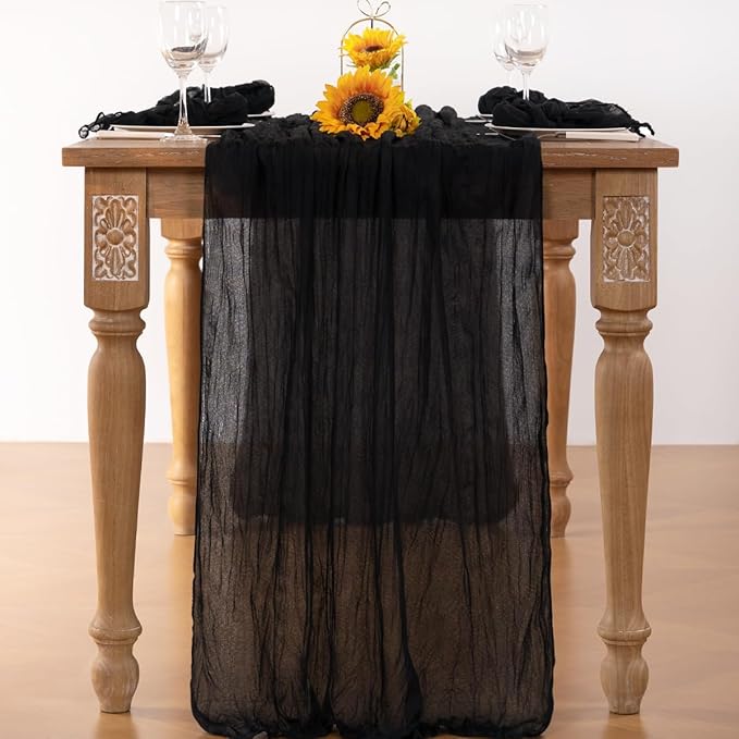 Black Halloween Table Runner 6 Pack Black Cheesecloth Table Runners 120 Inches Boho Gauze Fall Table Decorations for Halloween Wedding Bridal Baby Shower Party Decor