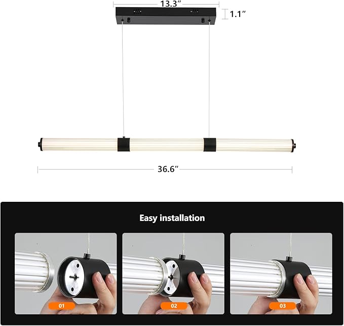 Modern Linear Chandelier, LED Dimmable Black Pendant Light Fixture for Kitchen Island, Dining Room, and Living Room Contemporary Linear Ceiling Light, Easy to Install.
