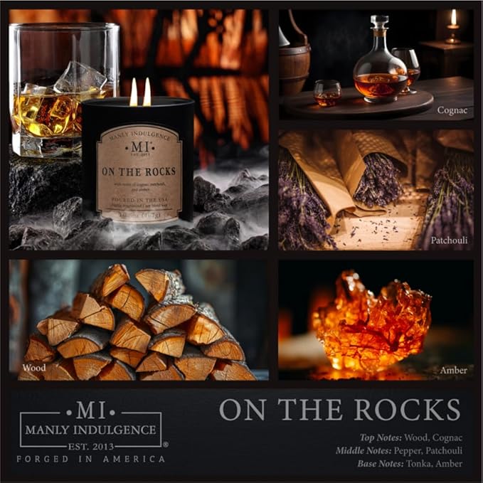 Manly Indulgence On The Rocks Scented Candles for Men, 2 Wick, 16.5 oz, Premium Soy Blend Wax, 60H Burn, Candles for Home Scented - Made in The USA