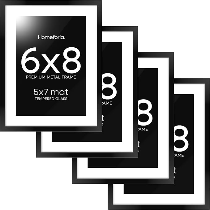 Homeforia 6x8 Picture Frame Black, High End Metal 6 x 8 Black Frames with Mat 5 x 7 for Art, 8x6 Desk Frame Matted to 5x7 inch Photo, 6 by 8 Wall or Tabletop Frames, Tempered Glass, Wall Kit, Set of 4
