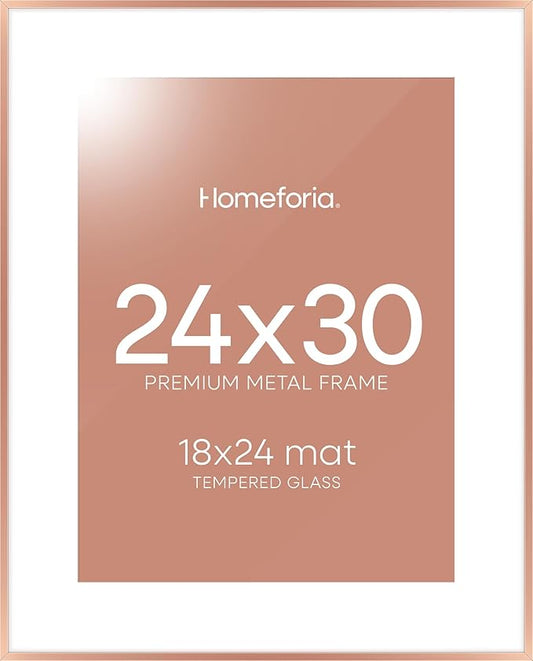 Homeforia 24x30 Frame Rose Gold, High End Metal 24x30 Picture Frames with Mat 18x24 inch Photo, 24 x 30 Rose Gold Poster Frame Matted to 18 by 24, 30x24 Large Frame, Tempered Glass, Wall Kit, Set of 1
