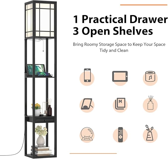 Tangkula Floor Lamp with Shelves and Drawer, 1 Power Outlet & 2 USB Ports, Modern Shelf Standing Light for Living Room Bedroom, Black (Glossy)