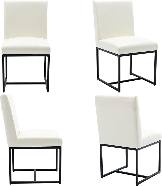 VESCASA Faux Leather Upholstered Dining Chairs with Black Metal Frame, Mid Century Modern Padded Kitchen Chair with Adjustable Foot Pads for Restaurant, Dining Room, Set of 6, White