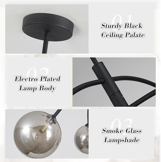 Mid Century Modern Chandelier Black 5 Light Industrial Pendant Light Fixture Vintage Smoke Gray Globe Glass Sputnik Chandeliers for Bedroom Kitchen Living Room Hallway