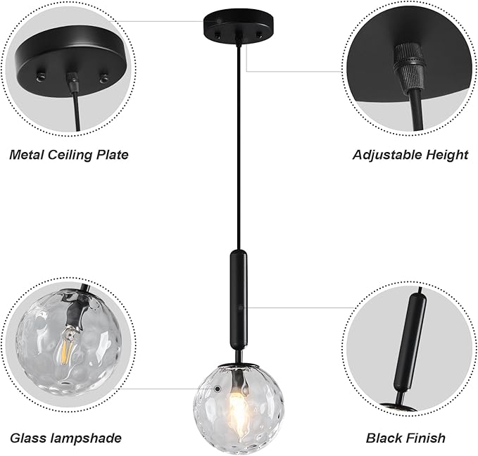 Modern Black Pendant Light Hanging Fixture Light for Kitchen Island Mid Century with Globe Pendant Light Clear Glass Pendant Lighting for Living Room Bedroom Entryway (3 Pack)