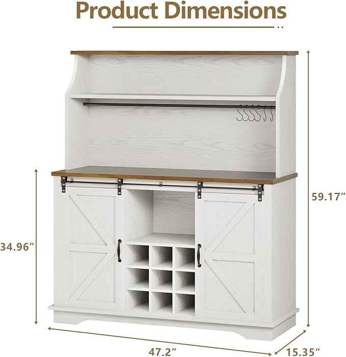 47 Inch Farmhouse Coffee Bar Cabinet with 3-Tier Storage, Kitchen Hutch with 9 Wine Racks & 3 Glass Holders, Coffee Bar with 6 Hooks, Wine Bar Cabinet for Dining Living Room, White