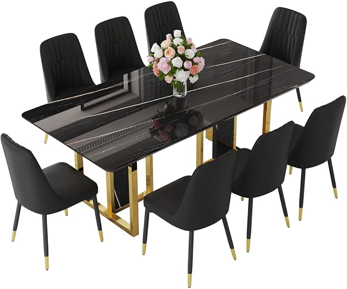 TesNus 79" Black Dining Table Set for 8 with Chairs,Large Faux Marble Kitchen Table and Chairs Set Rectangular 9 Piece Dining Room Set with Gold Metal Legs,Easy Assemble,Stable Base