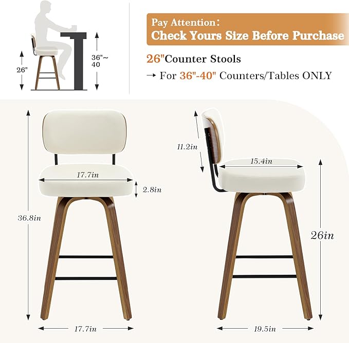 Swivel Counter Height Bar Stools Set of 4, 26" Upholstered Faux Leather Barstools with Back and Bent Wood Legs, Mid Century Modern Bar Chair Island Stool for Kitchen Counter, Cream White