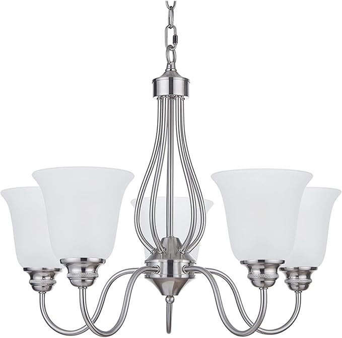 5 Light Chandelier with Brushed Nickel Finish, Classic Style Ceiling Light Fixture with Frosted Glass Shade for Meeting Room Dining Room Living Room Corridor, LED Bulb(not Include)
