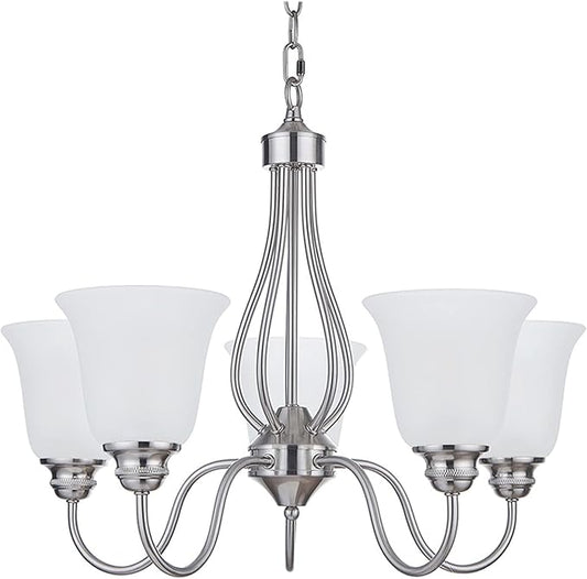 5 Light Chandelier with Brushed Nickel Finish, Classic Style Ceiling Light Fixture with Frosted Glass Shade for Meeting Room Dining Room Living Room Corridor, LED Bulb(not Include)