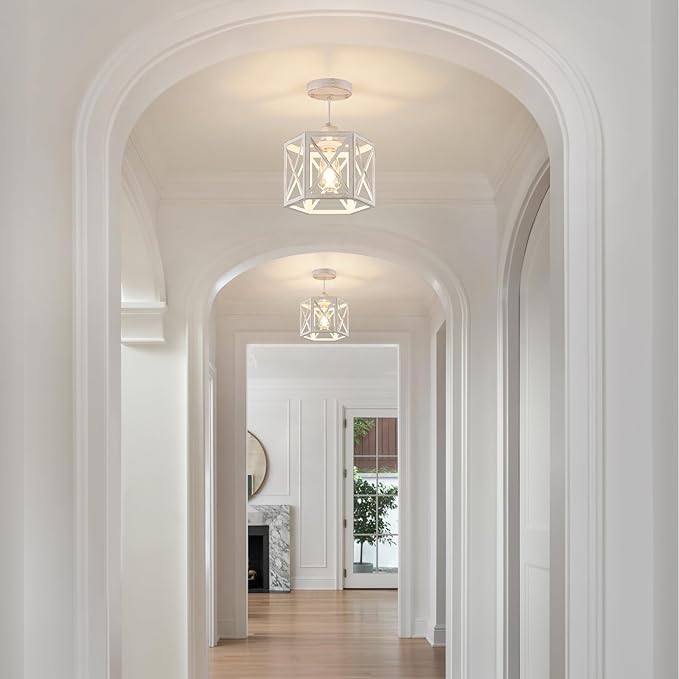 2 Pack Pendant Lights for Kitchen Island, Modern Pendant Lighting with White Hexagonal Cage, Vintage Metal Ceiling Lights, Adjustable Lantern Hanging Light Fixture for Foyer Entryway Bedroom