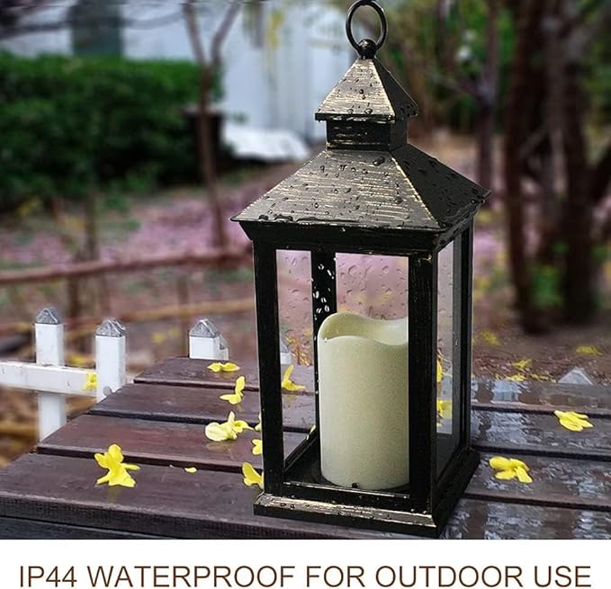 Bright Zeal 14" Tall Vintage Decorative Lantern with LED Pillar Candle (Distressed Gold, Batteries Included) - Outdoor Lights Decorative Hanging - Battery Lantern with Timer - Vintage Candle Light