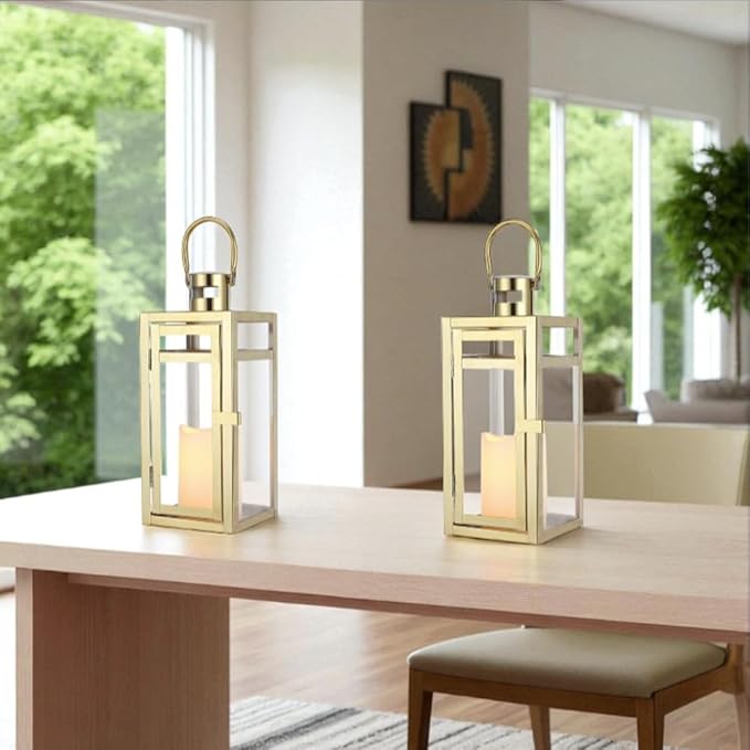 TRIROCKS Set of 2 Stainless Steel Decorative Lantern 12'' High Metal Candle Holder Outdoor Candle Lantern with Tempered Panels for Home Decor Living Room Parties Events Tabletop Indoor Outdoor (Gold)