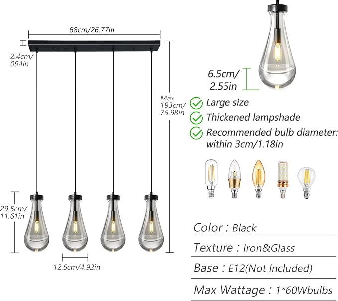 Raindrop Pendant Lights Kitchen Island Teardrop Black Hanging Light Fixtures Clear Solid Glass Pendant Light Modern Chandeliers for Dining Room Porch Corridor Living Room(Long Plate-4 Lights)