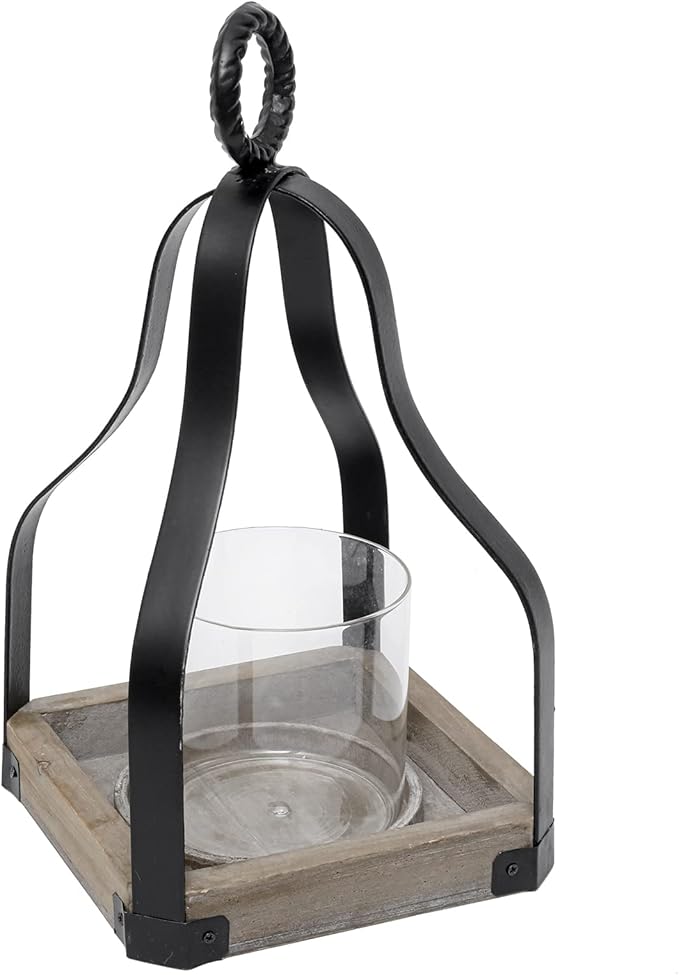 SwallowLiving 13" Rustic Farmhouse Wood and Metal Candle Candlestick Lantern Patio, Table Centerpiece