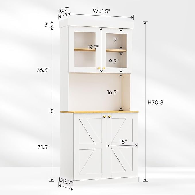 Vyre 71" Farmhouse Kitchen Pantry Cabinet, White Freestanding Coffee Bar Hutch with Glass Doors & Adjustable Shelves, Large Storage Cabinet with Microwave Stand for Living Room & Kitchen