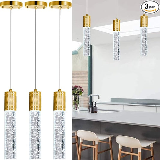 Set of 3 Pendant Lights for Kitchen Island, White Light, Gold Crystal Linear Pendant Lighting, Bar Corner LED Light Fixtures Glam Drop Light