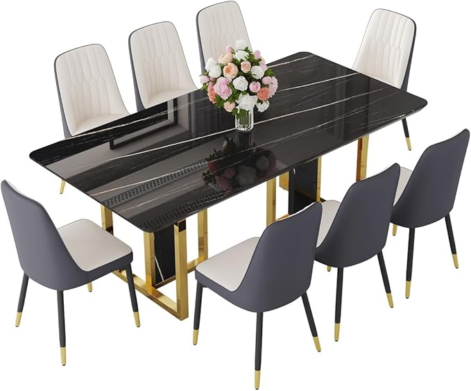 TesNus 79" Black Dining Table Set for 8 with Chairs,Large Faux Marble Kitchen Table and Chairs Set Rectangular 9 Piece Dining Room Set with Gold Metal Legs,Easy Assemble,Stable Base
