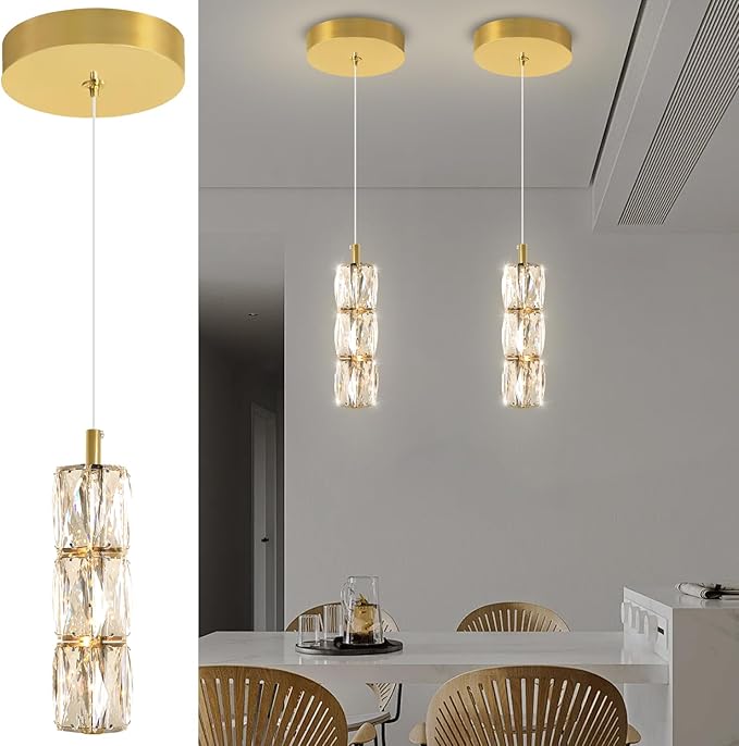 Pendant Lights Kitchen Island Single Head Gold Crystal Island Lights Dining Foyer Entrance Modern Chandeliers LED Dimmable 2700-6000K