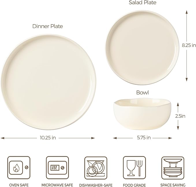 TheTerra Ceramic Dinnerware Sets for 4, 12 Pieces Porcelain Lightweight Plates and Bowls Sets, Scratch Resistant Dish Set, Oven & Microwave & Dishwasher Safe, Beige