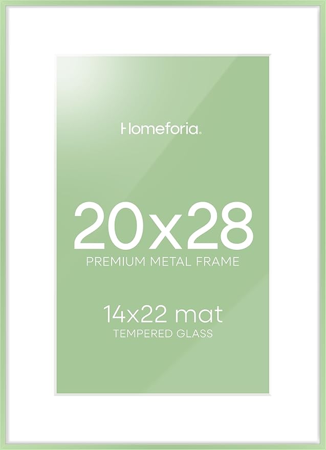Homeforia 20x28 Frame Sage Green, High End Metal 20x28 Poster Frames with Mat 14x22 inch Photo, 20 x 28 Sage Green Picture Frame Matted to 14 by 22 Art, 28x20 Frame, Tempered Glass, Wall Kit, Set of 1