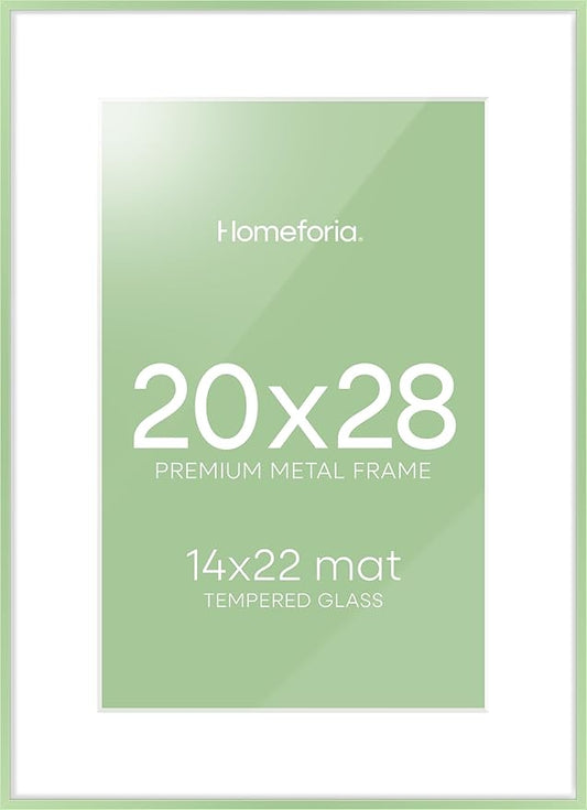 Homeforia 20x28 Frame Sage Green, High End Metal 20x28 Poster Frames with Mat 14x22 inch Photo, 20 x 28 Sage Green Picture Frame Matted to 14 by 22 Art, 28x20 Frame, Tempered Glass, Wall Kit, Set of 1