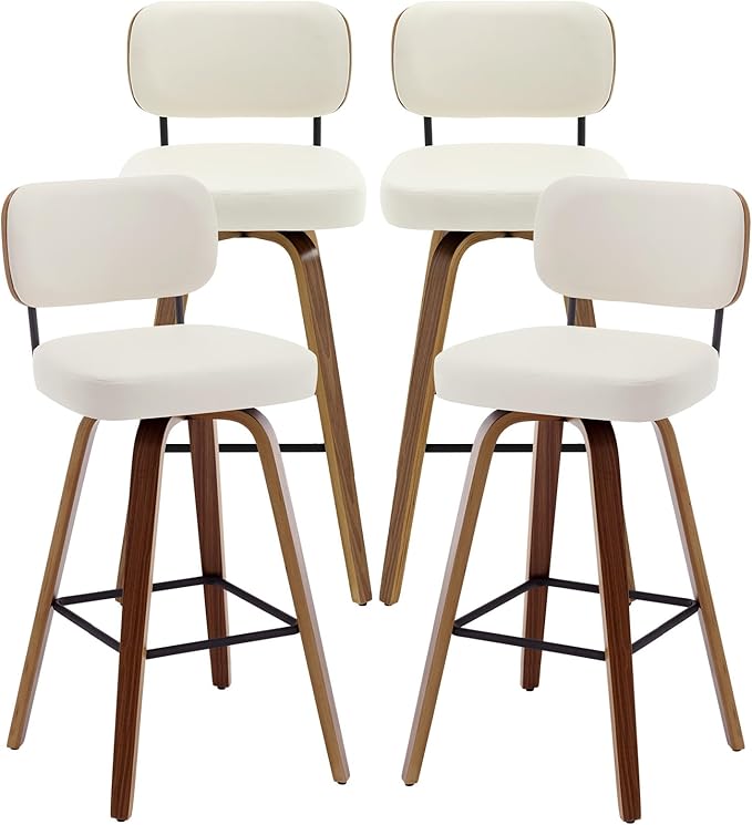 Swivel Bar Stools Set of 4, 29" Upholstered Faux Leather Barstools with Back and Bent Wood Legs, Mid Century Modern Bar Chair Island Stool for Kitchen Counter, Cream White