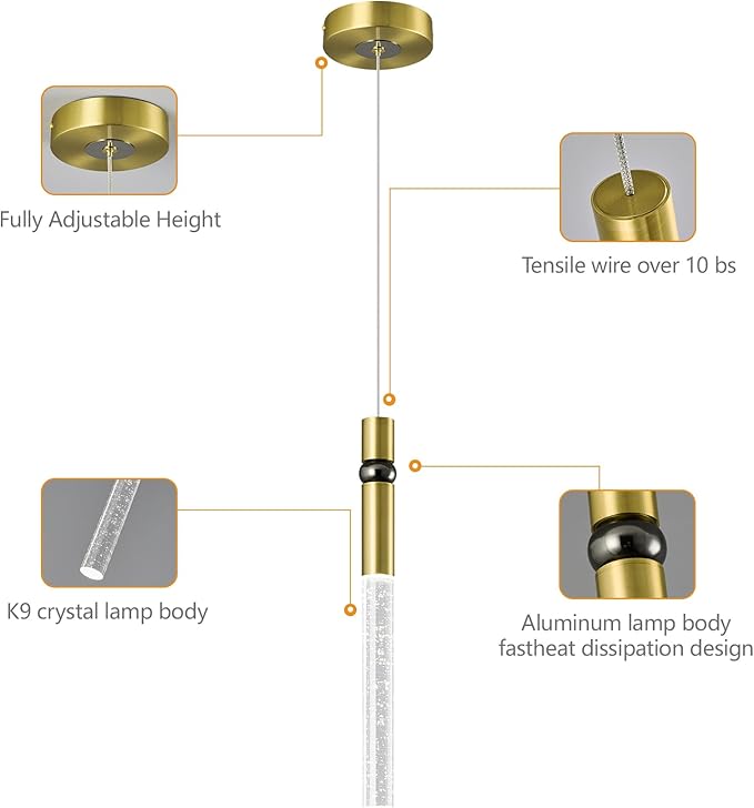 Pendant Lights Kitchen Island Light Fixtures Dimmable LED Modern Pendant Light with Bubble Crystal Pendant Lighting for Kitchen Bedroom Hallway Entryway (Gold 1-Pack)