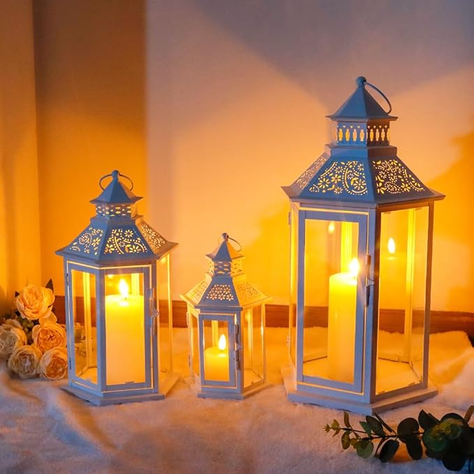 TRIROCKS Set of 3 Decorative Candle Lanterns18''&13"&10" H Hexagonal Candle Holder Vintage Metal Hanging Lantern with Tempered Glass for Garden Patio Wedding Event Indoors Outdoors(White)