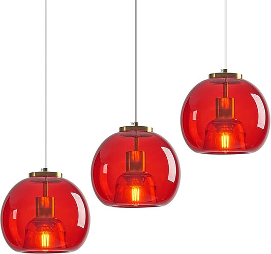 Red Glass Pendant Lights Kitchen Island Gold Hanging Light Fixture Glass Globe Pendant Light Modern Pendant Lighting for Kitchen Island Bedroom Dining Room (7.87", 3 Pack)