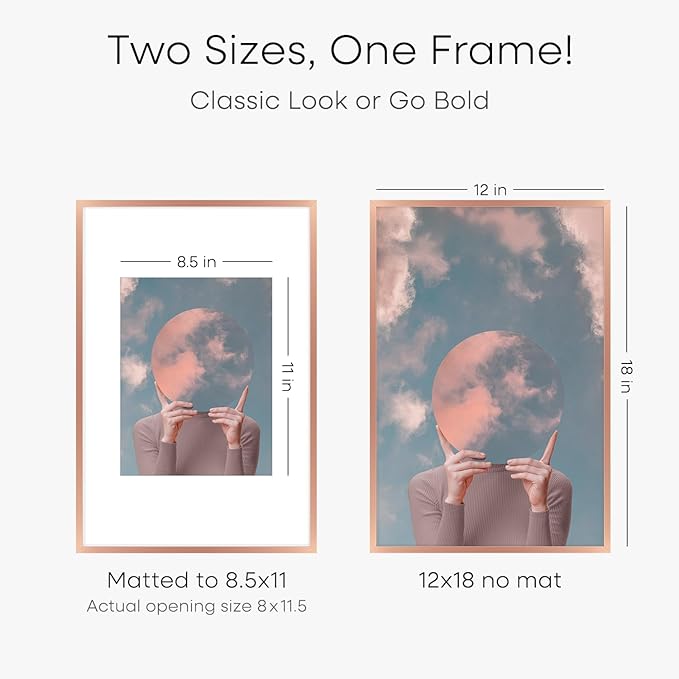 Homeforia 12x18 Picture Frame Rose Gold, High End Metal 12x18 Poster Frames with Mat 8.5x11 in Photo, 12 x 18 Rose Gold Frame Matted to 8.5 by 11 Print, 18x12 Frame, Tempered Glass, Wall Kit, Set of 1