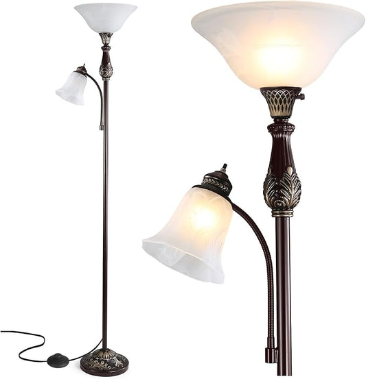 Torchiere Floor Lamps for Living Room & Bedroom, 71" Vintage Victorian Floor lamp with Reading Light, Tall Corner Standing Farmhouse Lamp for with Glass Shade Home Office Decor, Bronze