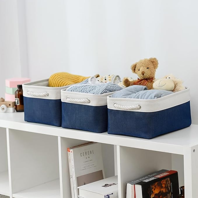 TheWarmHome Storage Bins for Shelves - 1 Pack 13.8x9.7x6.7 inch Collapsible Storage Basket for Organizing, Dog Toy Bin for Closet Organizer laundry Cloth Nursery (White & Jean Blue)
