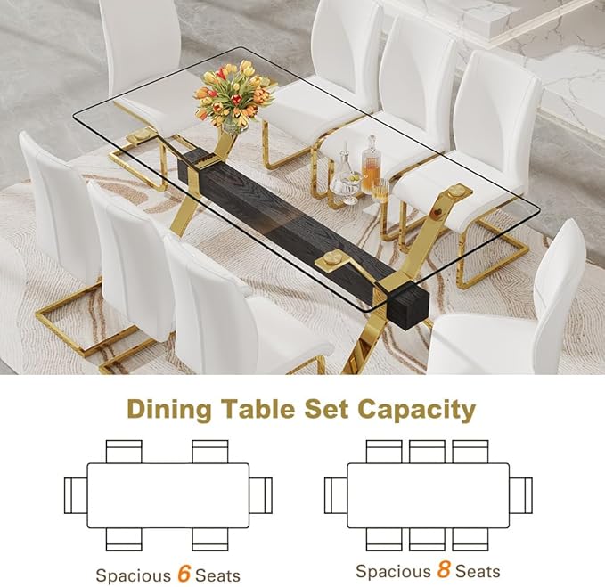71'' Glass Dining Table Set for 8,9 Piece Dining Table Set with Open‑Frame X‑Shaped Golden Metal Base,Gold Kitchen Table and Chairs Ideal for Dining Room&Home Office