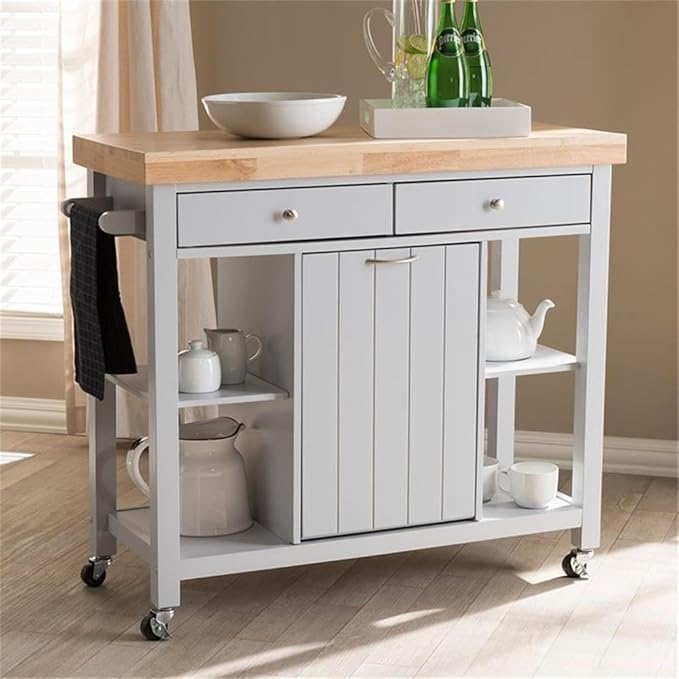 BOWERY HILL Farmhouse Kitchen Cart in Light Gray