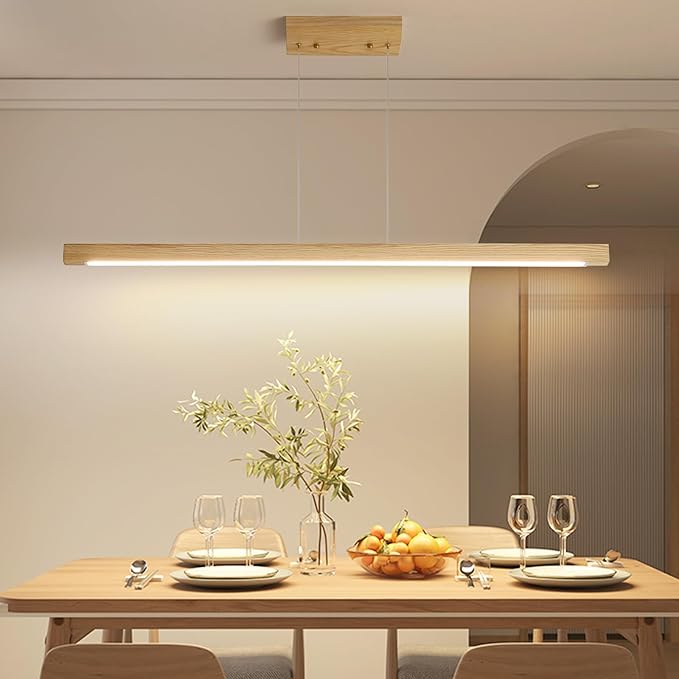 Wooden Linear Pendant Light, 39" Modern Chandeliers for Dining Room, Dimmable Pool Table Island Lights for Kitchen, LED Ceiling Pendant Lamp for Dining Room Billiard Room, Natural Ash