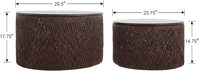 chairus Nesting Coffee Table Set of 2 Woven Round Coffee Table with Storage Solid Wood Side Table for Small Spaces, Living Room, Bedroom, Office, Dark Brown