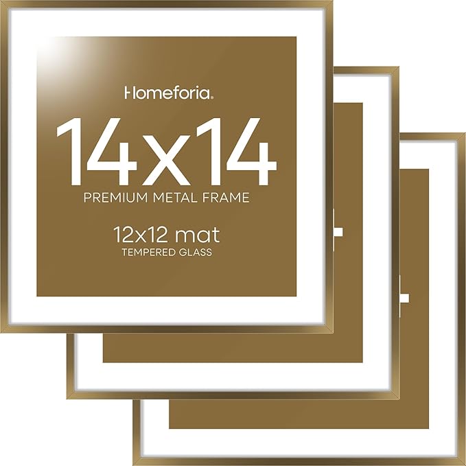 Homeforia 14x14 Picture Bronze Frame, High End Metal 14 x 14 Square Poster Frame with Mat 12 x 12 Photo, 14x14 Brass Frame Matted to 12x12 Print, 14by14 Thin Frames, Tempered Glass, Wall Kit, Set of 3
